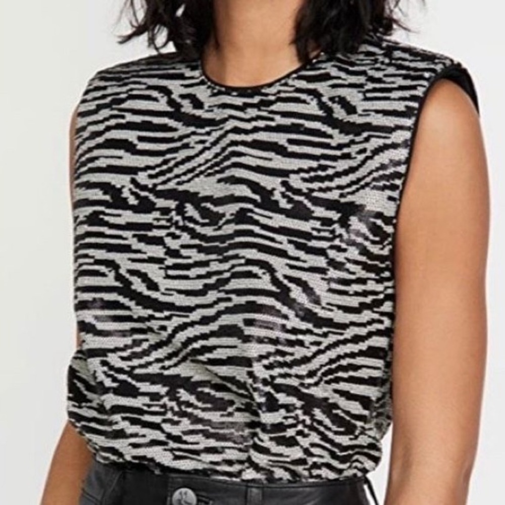 Self-Portrait Sleeveless Sequin Black and White Zebra Print Top Size 10